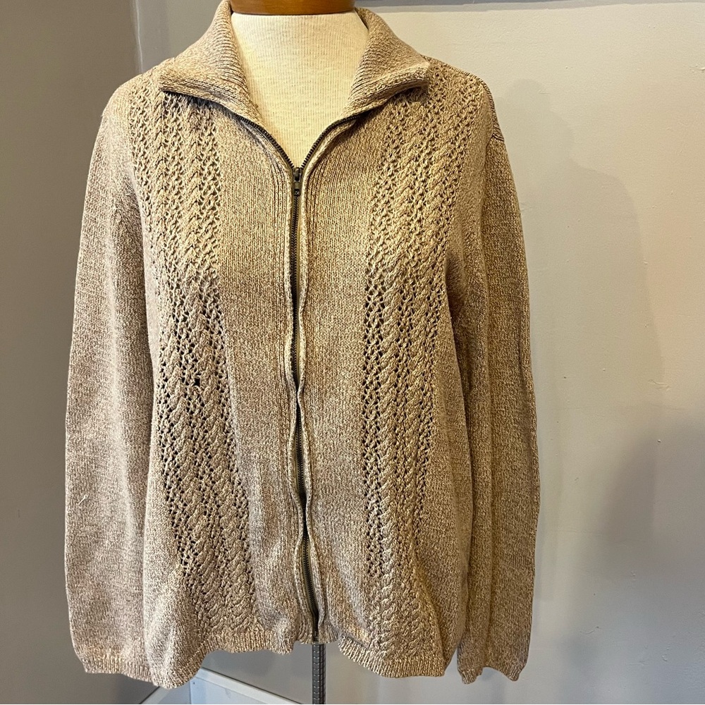 Evan-Picone Tan Long Sleeve 100% Cotton Zip Up Sweater Women’s Size XL